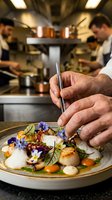 Chef plating gourmet dish with tweezers, garnishing with edible flowers and microgreens in professional kitchen with team working in background.