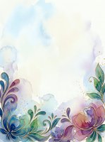 Watercolor floral frame with ornamental leaves and flowing botanical elements in soft blue, purple, and green tones on cream background. Isolated design.