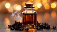 Small glass bottle with aromatic oil and scattered clove spices on dark surface against warm bokeh lights background, creating cozy atmospheric composition.