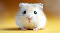 White winter hamster with cute round face and pink nose on yellow background, close-up portrait showing adorable pet personality and innocent expression.