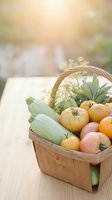 Wicker basket filled with fresh organic vegetables including tomatoes, zucchini, and herbs on wooden surface with blurred garden background, suitable for farmers market, agriculture, and food styling.