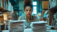 Young African American businesswoman with curly hair looking stressed between tall stacks of paperwork in office during late hours, workplace pressure concept.