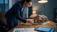 Male real estate agent in dark business suit examining architectural model of residential house on wooden desk with tablet and financial documents in modern office environment.