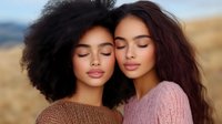 Two diverse young women with closed eyes embracing tenderly in golden hour light, showing friendship, sisterhood and emotional connection in warm outdoor setting.