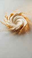 Creamy white swirl with golden powder explosion creating dynamic spiral motion on neutral background for culinary and cosmetic design projects.