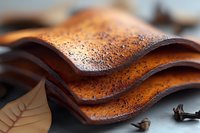 Macro shot of wavy chocolate layers with cocoa powder dusting creating elegant curves and textures, dark spices scattered on gray surface for gourmet food photography.