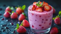 Fresh strawberry smoothie with yogurt and berries in glass, garnished with mint leaves and whole strawberries on dark background, healthy breakfast drink.