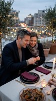 Mature couple enjoying romantic dinner on urban rooftop terrace with city lights and wine during evening celebration for anniversary or special occasion.