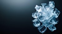 Clear ice cubes arranged in circular pattern on dark background with dramatic lighting, creating crystalline formation with reflective surfaces and cool blue tones.