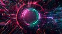 Futuristic circuit board pattern with glowing neon circle in pink and turquoise colors against dark background, digital technology concept with circuit paths.