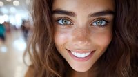 Close up portrait of young woman with freckles, bright blue eyes and wavy brown hair smiling genuinely at camera against soft bokeh background.