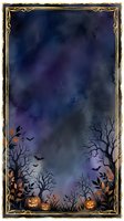 Halloween watercolor frame with spooky trees, bats and jack-o-lanterns on dark purple background for seasonal greeting cards and party invitations.