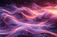 Magical flowing waves of purple and orange light with glowing particles create ethereal abstract background pattern for mystical designs and dreamy compositions.
