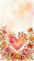 Watercolor floral border with heart, pink and orange roses, peonies, copy space for Valentine's Day cards, wedding invitations, and romantic designs.