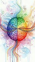 Colorful human brain with flowing rainbow energy streams and geometric patterns representing creativity, intelligence, and mental processes in artistic style.