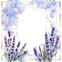 Elegant watercolor lavender frame with gold geometric border and purple splashes, perfect for wedding invitations or botanical designs.