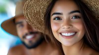 Young Hispanic woman wearing straw hat smiling with bright white teeth, showing genuine happiness and joy, with blurred male figure in background.