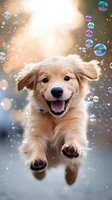 Happy golden retriever puppy jumping with joy surrounded by floating soap bubbles and magical bokeh lights creating playful atmosphere for pet advertisements.