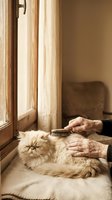 Elderly hands gently brushing a fluffy cream Persian cat resting by a sunlit window, capturing a tender pet care moment at home.