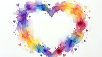 Watercolor rainbow heart frame with colorful paint splashes and small hearts on white background for romantic designs and love-themed projects.