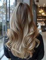 Luxurious wavy blonde balayage hair from behind showing professional salon styling result with soft natural highlights and dimensional color technique.