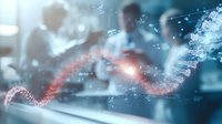 Medical professionals analyzing genetic data with glowing DNA helix visualization in modern laboratory setting, blurred background with team collaboration.