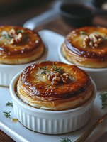 Golden puff pastry pot pies with caramelized tops and fresh thyme garnish in white ramekins, comfort food for restaurant menus and culinary blogs.