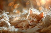Sleeping ginger kitten nestled in soft hay with warm bokeh lights background creates cozy autumn atmosphere, capturing peaceful nap moment in natural setting.