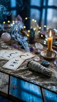 Mystical fortune telling setup with smoking sage bundle, tarot cards, crystals, and burning candle on rustic wooden table for spiritual divination practices.
