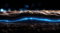 Glowing blue neon light wave flowing through dark sand and particles, creating an abstract energy effect for digital backgrounds and modern design projects.