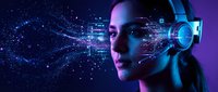 Futuristic woman with digital interface headset surrounded by glowing data streams and holographic elements on purple background for tech concepts.