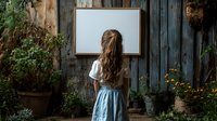 Young woman with long brown hair in vintage dress looking at blank white board mounted on rustic wooden wall surrounded by garden flowers and potted plants.