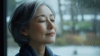 Serene mature Asian woman with closed eyes and gentle smile near rainy window, expressing peace and mindfulness. Gray hair styled in elegant bun. Soft moody lighting.