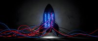 Young male figure in silhouette wearing hoodie, illuminated by neon blue and red light trails flowing from rocket ship, creating futuristic technology and innovation concept for web design and marketing.
