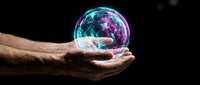 Hands holding a glowing digital globe with neon blue and purple network connections on dark background, symbolizing global technology.