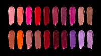 Lipstick color swatches palette featuring twenty isolated shades ranging from soft pink to deep burgundy, brown and purple tones. Transparent background, ready for cosmetics design, print-on-demand products and digital beauty applications.