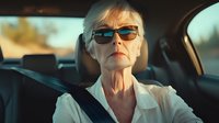 Senior woman with sunglasses driving car, serious expression, white hair, wearing seatbelt and white shirt, golden hour lighting creates dramatic atmosphere.
