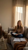 Happy young Caucasian woman reading book on cozy living room sofa with warm natural lighting and comfortable home interior decor for relaxation and leisure.