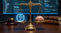 Golden scales of justice balancing AI chip and human brain in modern courtroom with digital screens, representing technology versus humanity legal concept.