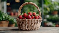 Fresh ripe strawberries in traditional woven wicker basket on rustic wooden table with blurred garden background, natural organic summer harvest.
