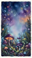 Enchanted forest floor with luminescent mushrooms, glowing orbs, and botanical foliage beneath a starry night sky. Watercolor artwork featuring magical woodland scene for fantasy illustrations and mystical designs.