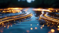 Abstract digital waves with glowing golden particles flowing through blue liquid surface creating futuristic technology background for presentations.