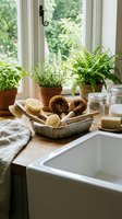 Eco-friendly kitchen setup with natural cleaning brushes, herbs, and sustainable products by sunny window for zero waste lifestyle.