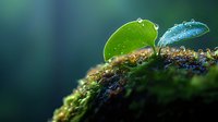 Fresh green leaves with morning dew drops on moss covered surface against dark blurred background, capturing nature's tranquil moment in macro photography.