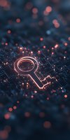 Glowing magnifying glass icon on digital circuit background with orange light effects and bokeh, representing data search and analysis technology concept.