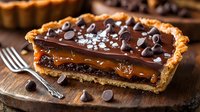 Layered chocolate caramel tart with sea salt and chocolate chips on wooden board, cut to show rich filling layers and buttery crust, served with silver fork.