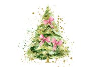 Watercolor Christmas tree with pink ribbons and gold splashes on white background for holiday greeting cards and festive decorations.