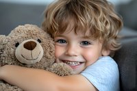 Cheerful Caucasian boy with curly blonde hair hugging soft brown teddy bear, showing bright smile with missing tooth. Close up portrait expressing childhood joy.