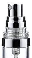 Atomizer spray pump with chrome and black finish, clear glass reservoir, isolated on white background, ready for cosmetic, perfume, or skincare product packaging design and labeling applications.