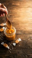Hand dripping golden caramel sauce from wooden spoon into glass jar on rustic wood background with scattered candies and sea salt crystals.